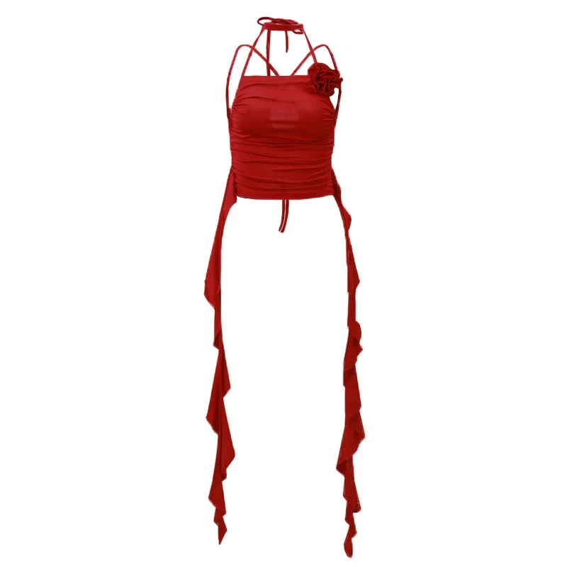 Uveng Uveng Hot Girl Pleated Three-Dimensional Flowers Hanging Neck Slim Vest 2023 Spring / Summer Pure Desire Sleeveless French Temperament Jacket