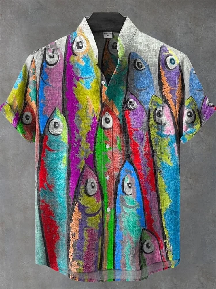 Men's Multicolor Fish Art Print Linen Blend Shirt