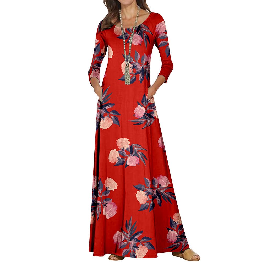 Large Size Clothing Ion Rose Pattern Round Neck Long Sleeve Dress
