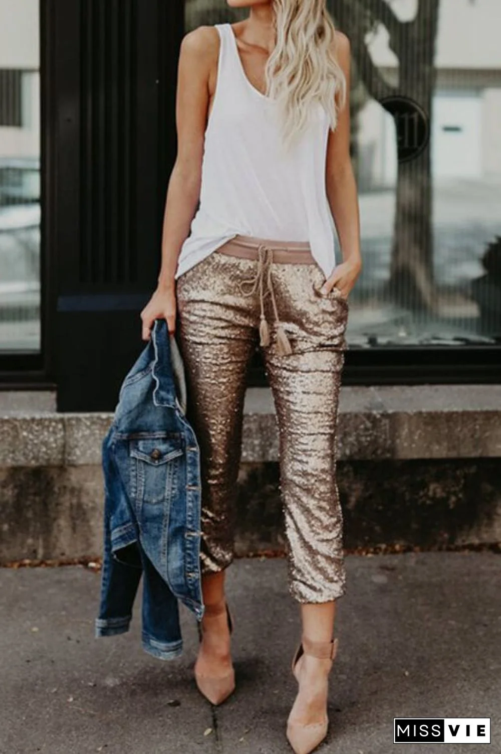 Casual Sequin Elastic Waist Pants