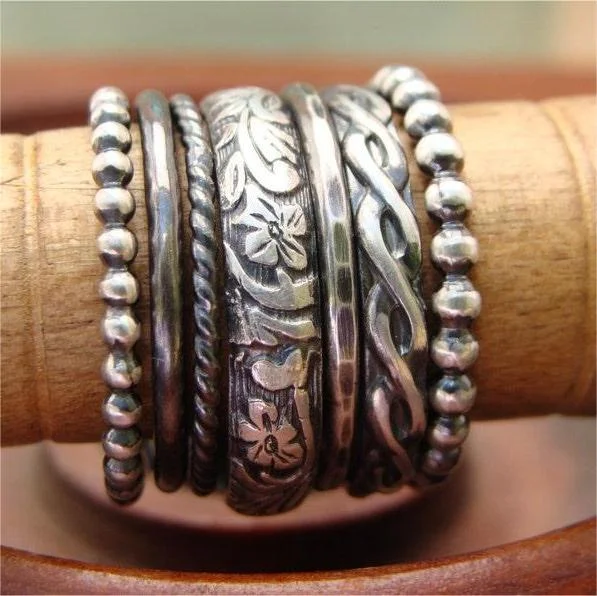 Set of 7 Sweet & Simple Stack Rings Unique Floral, Rope, Braid, Hammered, Plain, and Beaded Pattern Gifts for Friends