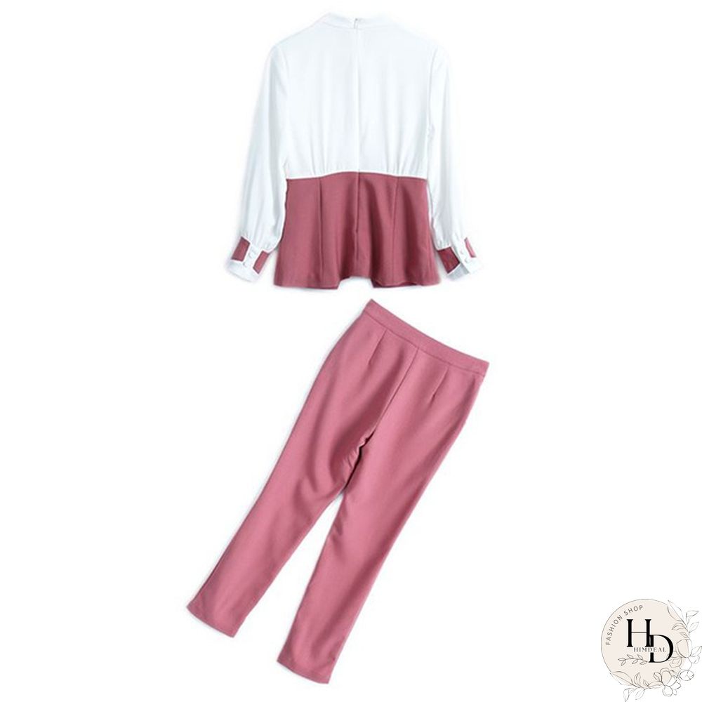 Autumn Suit Women Pants 2 Piece Set Elegant Office Lady Outfits Hit Color Blouse And Pants Fashion Sets