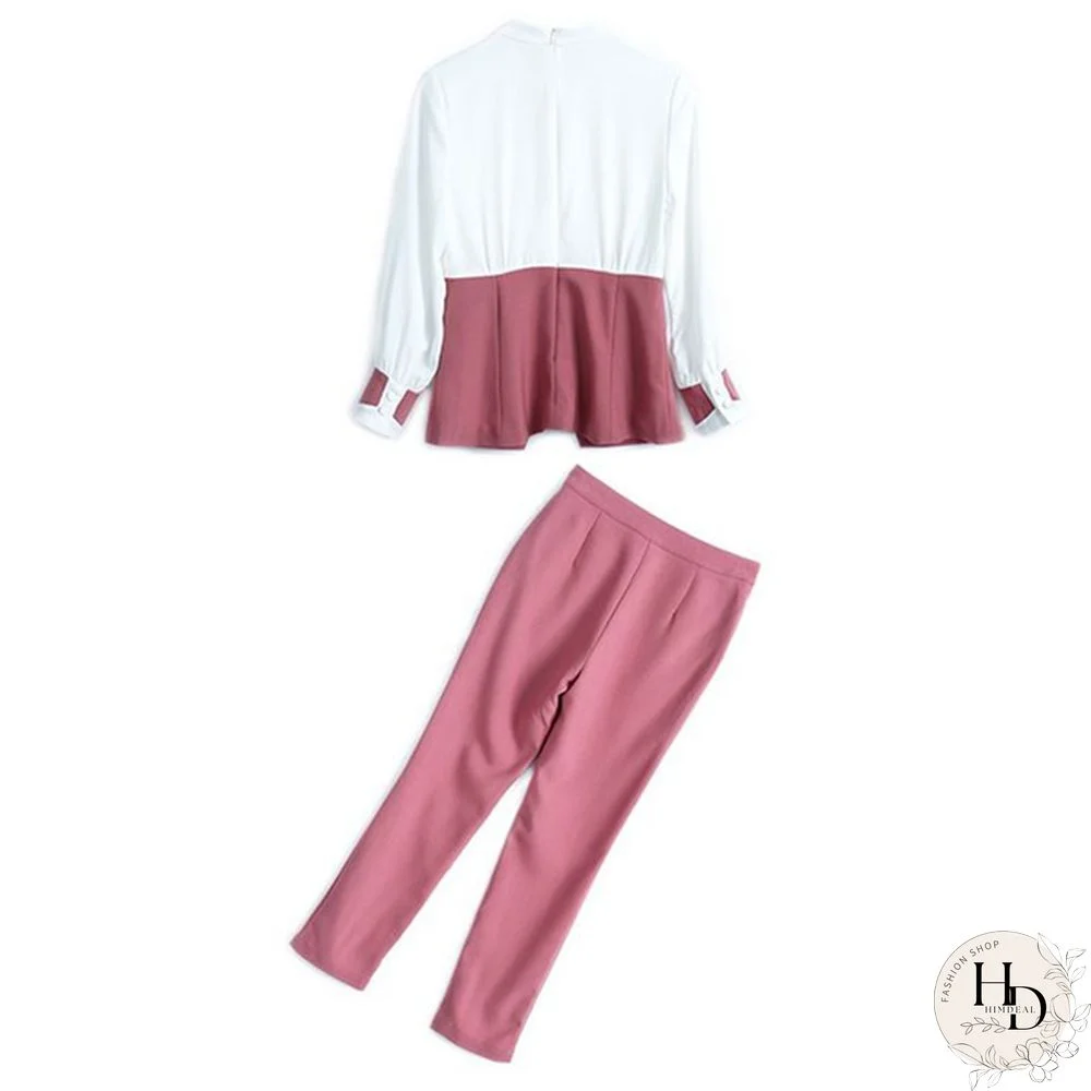 Autumn Suit Women Pants 2 Piece Set Elegant Office Lady Outfits Hit Color Blouse And Pants Fashion Sets