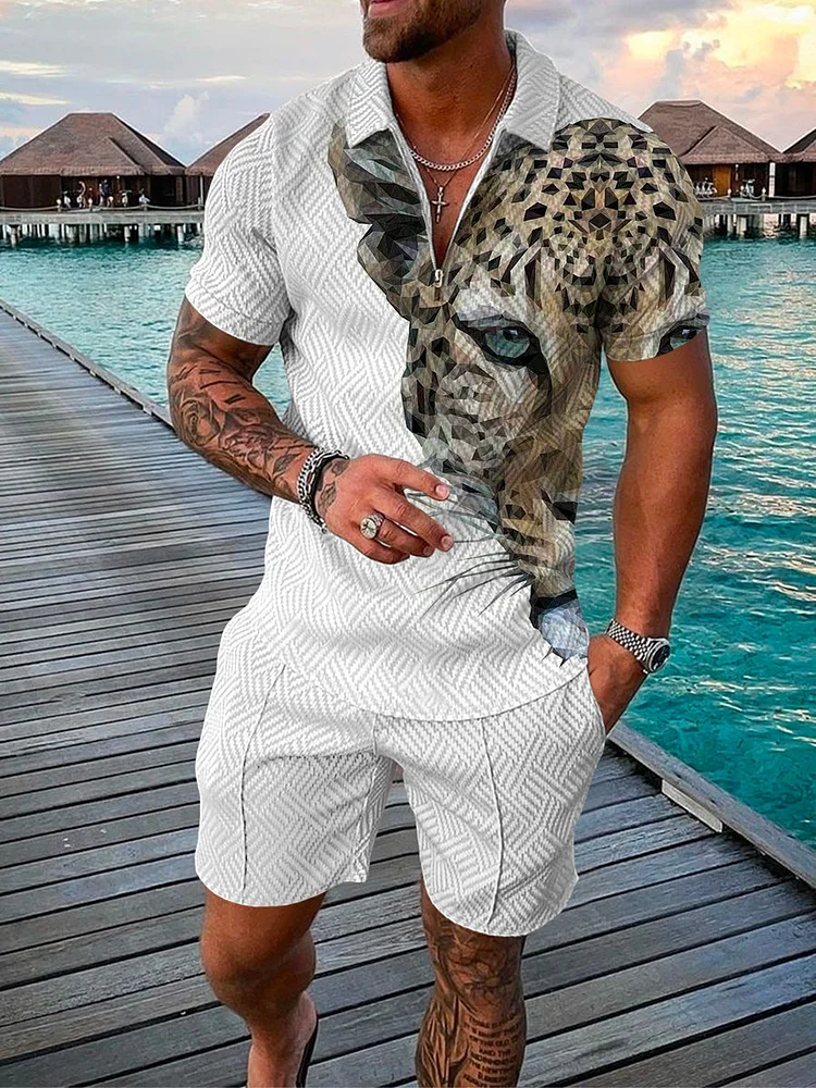 Men's Tiger Zip Polo Shirt and Shorts Two-Piece Suits