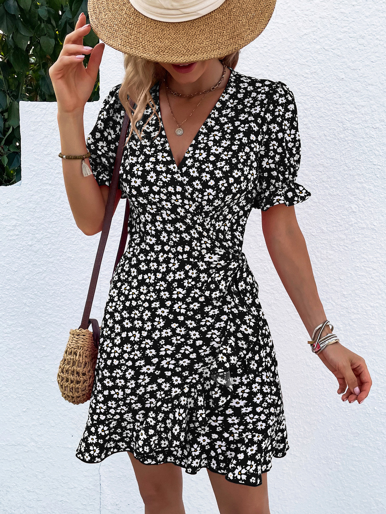 Mature Women Summer Ruffled Floral Slim-fitting Short Dress