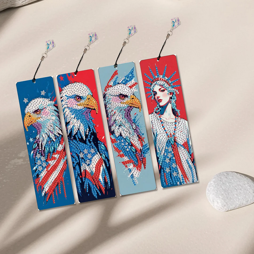 4Pcs Statue of Liberty and Eagle DIY Diamond Bookmark Art Projects Irregular Shaped Diamonds Diamond Painting Art Bookmarks with Crystal Pendants for DIY Making Beginners Adult Art Craft Supplies