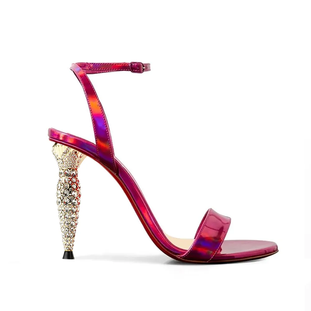 100mm Round Open Toe Ankle Strap High Heel Sandals Diamond Lipstick Tube Red Bottom Sandals-vocosishoes