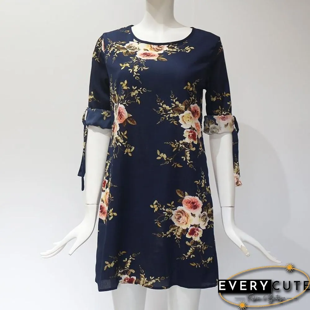 Women Chiffon Floral Print Mini Dress Boho Beach Half Sleeve Elegant Dress Black Dresses