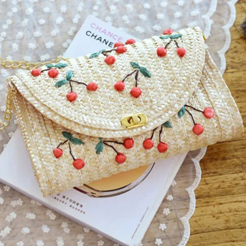 2020 Fruit Cherry Straw Handbag Lady Women Summer Beach Bag Retro Straw Messenger Purse Bag For Key Money Long Bag Clutch