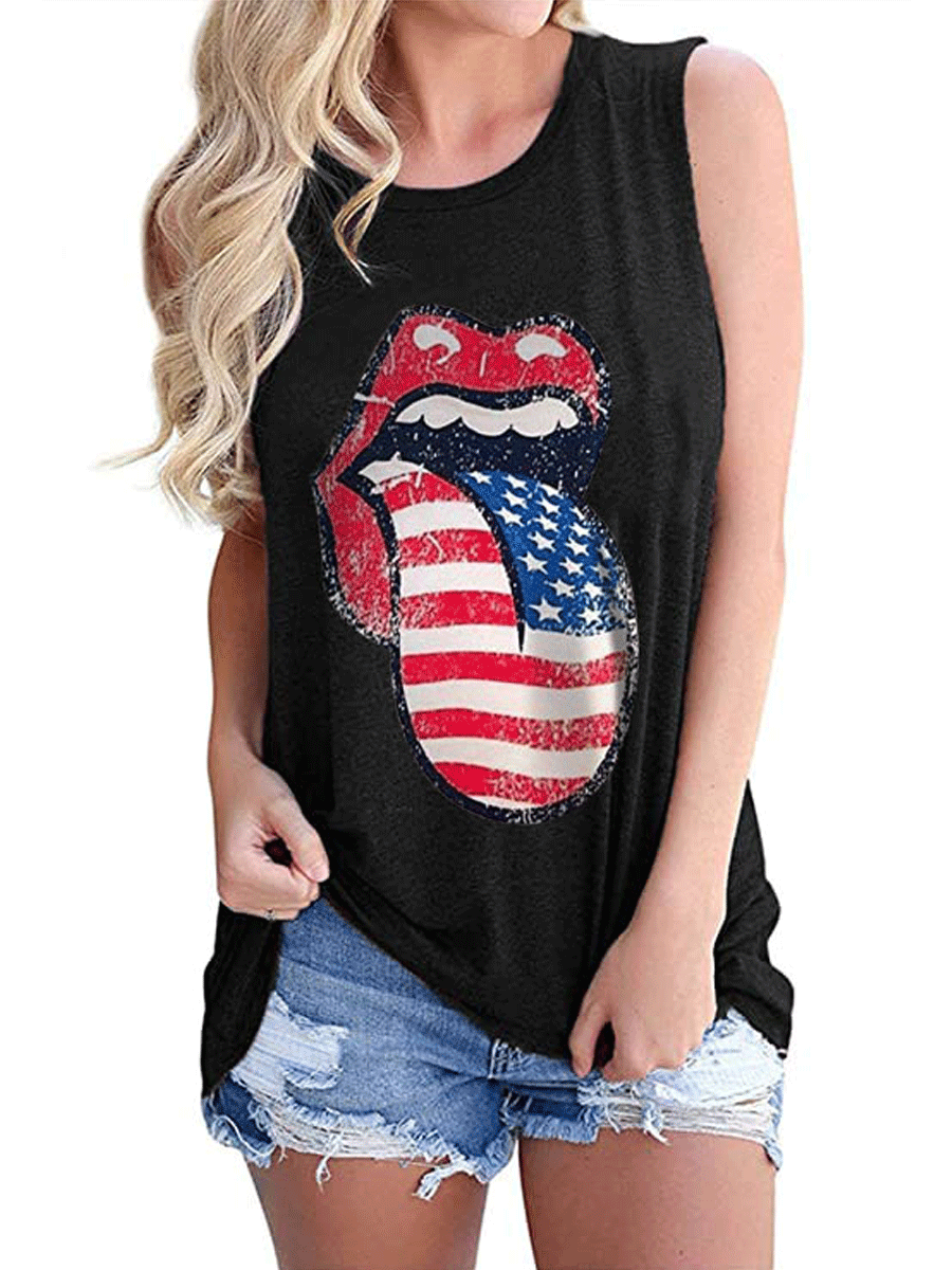 Independence Day Flag Lips Printed Crew Neck Vest