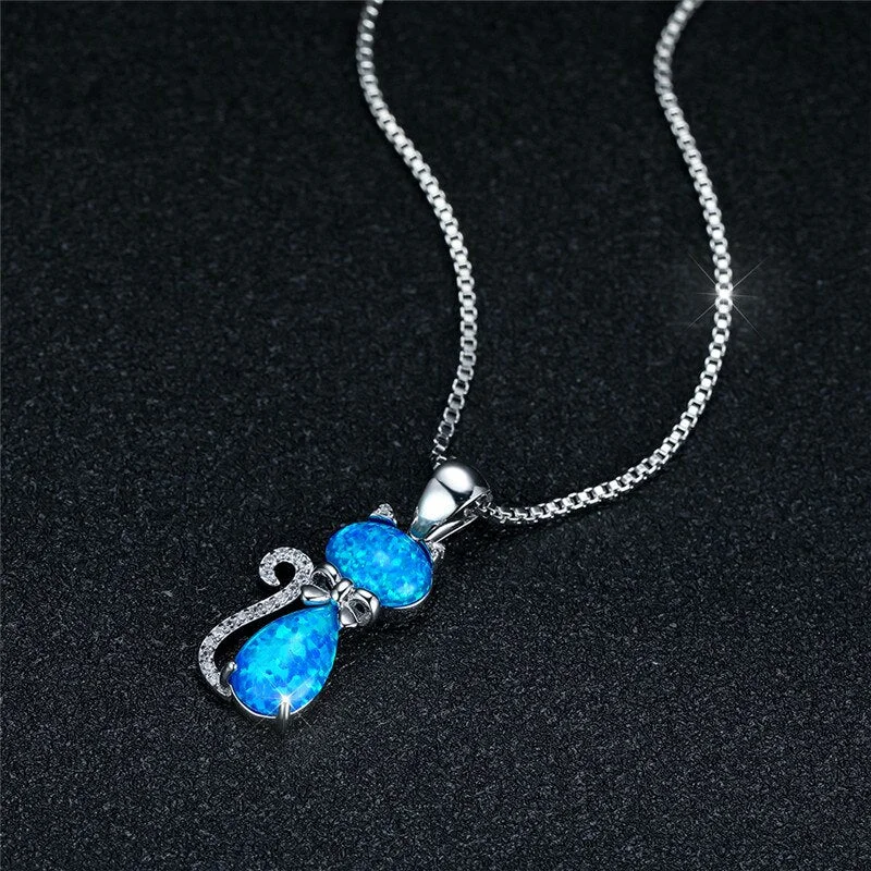 Charm Female Crystal Cat Pendant Necklace Rose Gold Color Silver Chain Necklaces Vintage Opal Animal Wedding Necklaces For Women