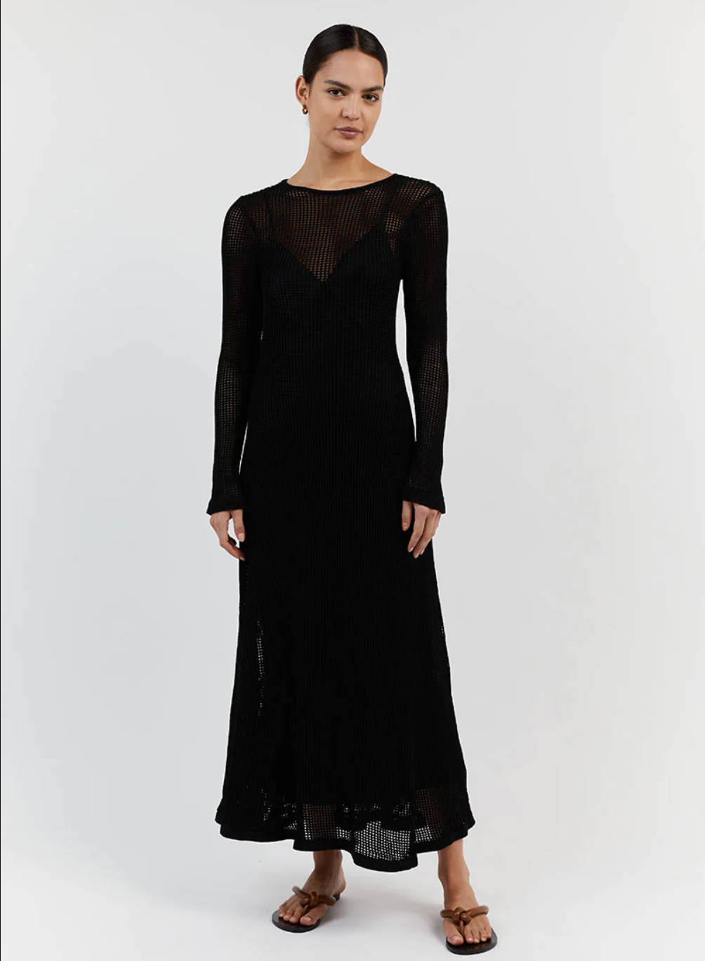 Ootddress White Crochet Hollow Out Midi Dress For Women Long Sleeve Casual Dress Beach Holiday See-Through Summer Dress Cover-Up