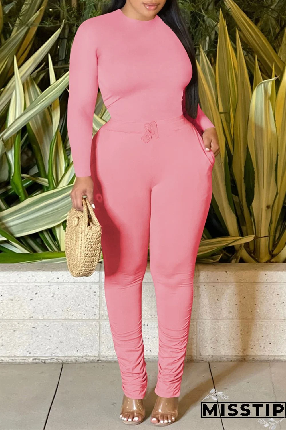 Pink Casual Solid Basic O Neck Long Sleeve Two Pieces
