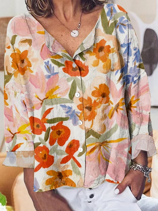 Women's Artistic Floral Casual Cotton And Linen Top