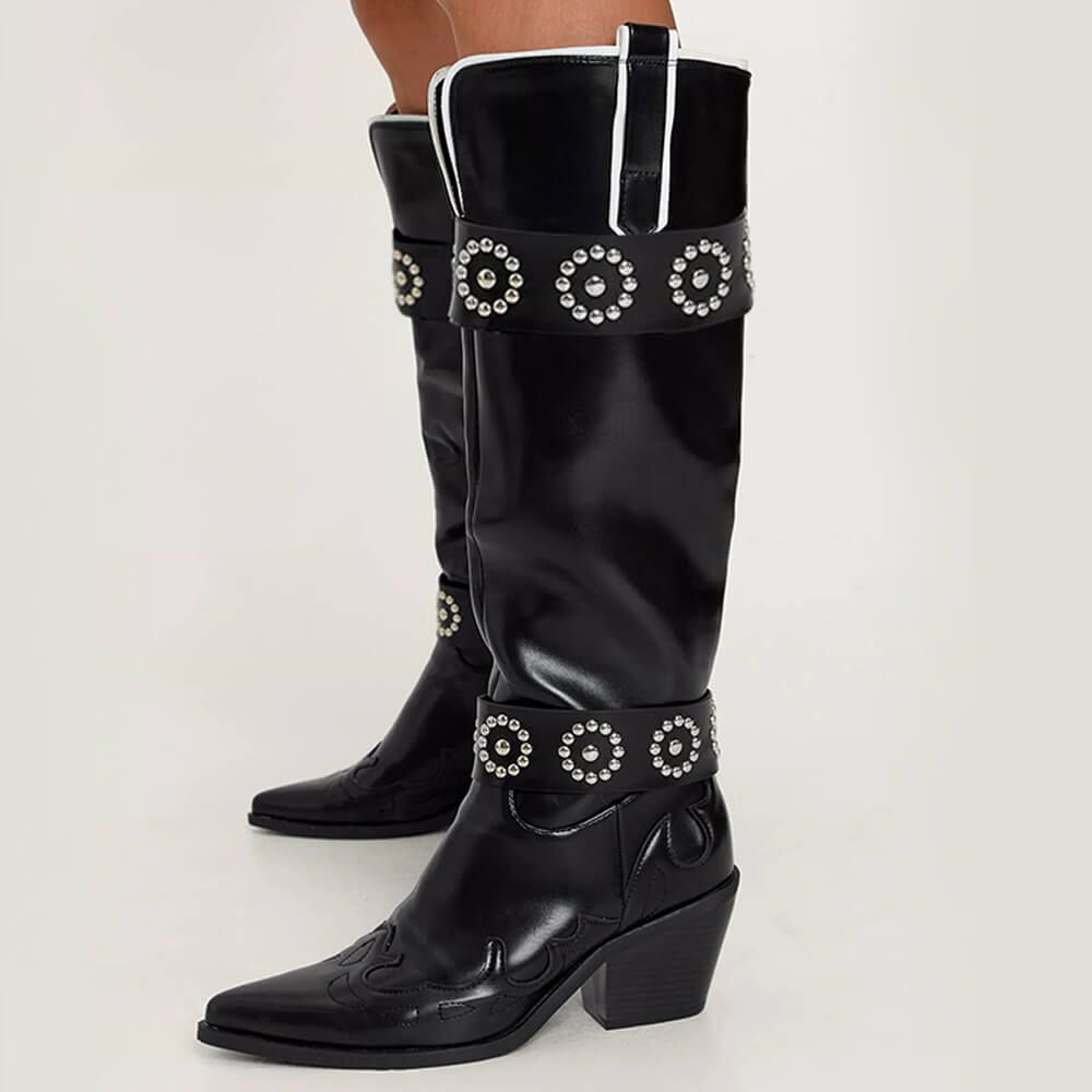 Black Pointed Toe Knee High Cowgirl Boots  Knee Boots Block Heel Zip Knee Boots