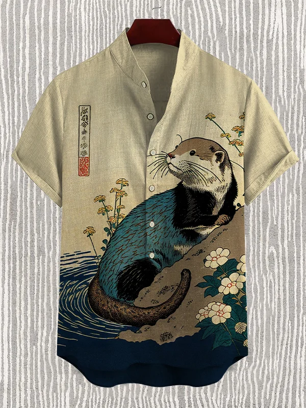 Men's Floral Otter Water Japanese Art Print Half Button Cotton Shirt