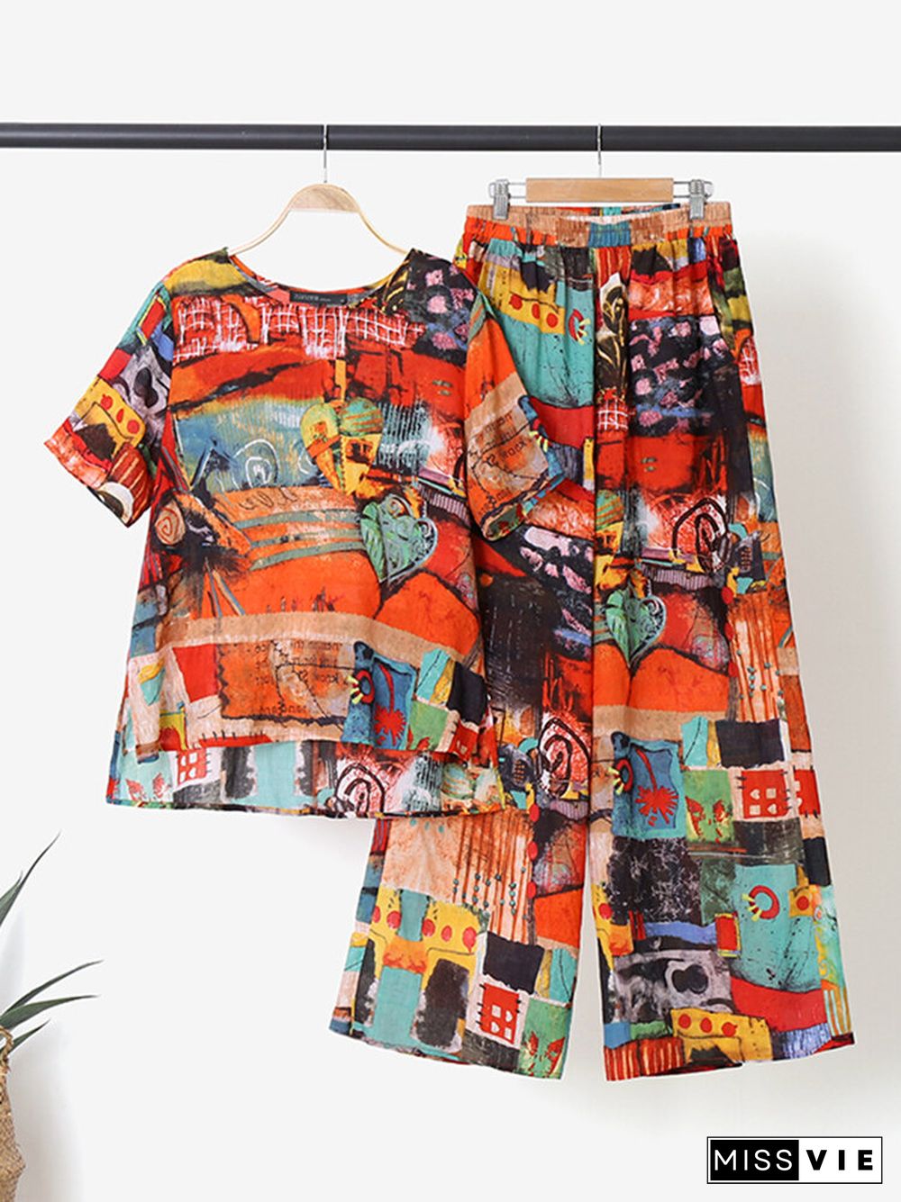 Abstract Painted Pocket Split Wide Leg Short Sleeve Suit