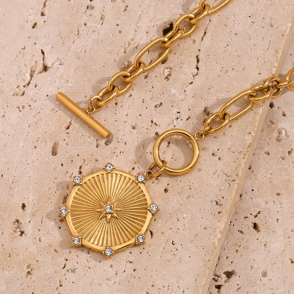 Small Design Pendant Stainless Steel 18K Gold Plated Eight-Pointed Star Diamond Disc Ot Buckle Necklace For Women