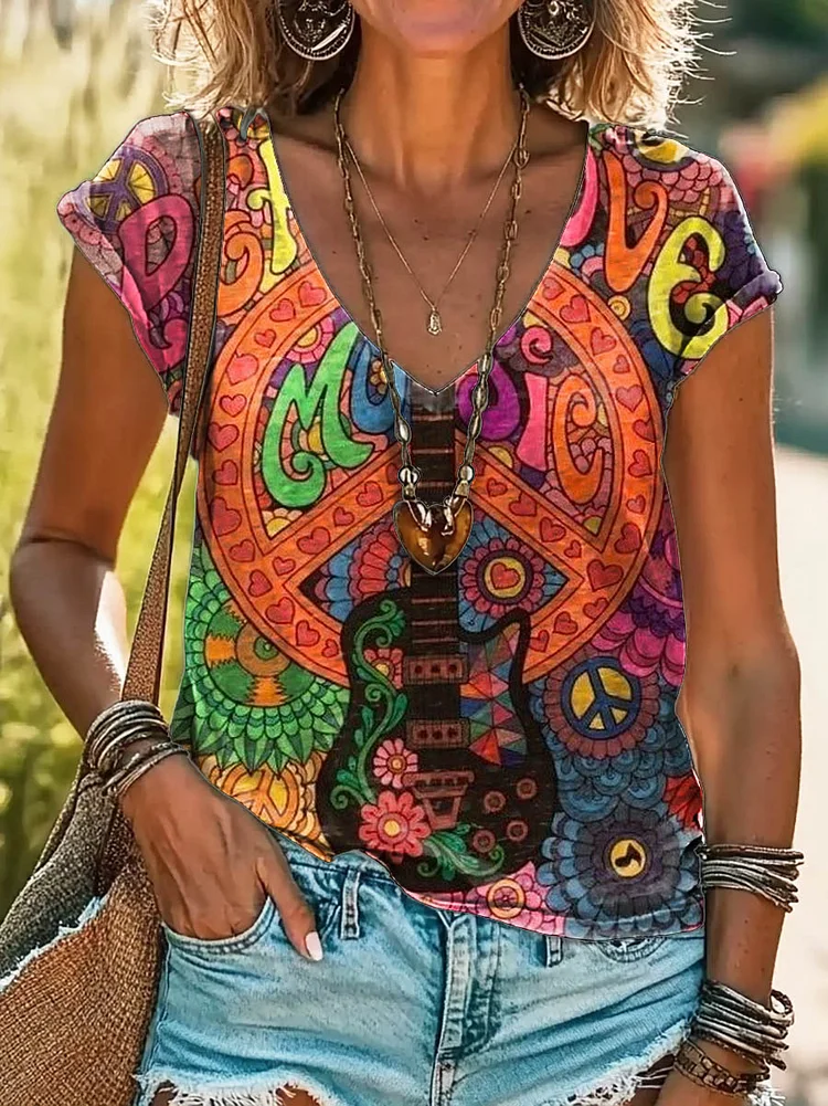 Women's Hippie Peace Music Art Print 100%Cotton V-neck T-Shirt