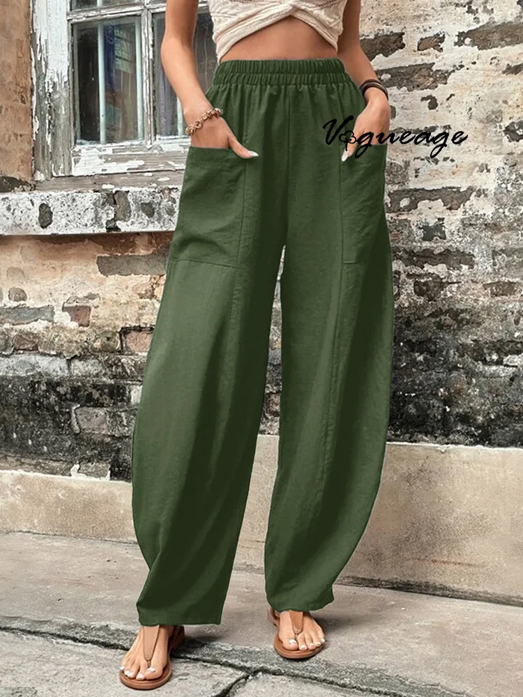 Solid Color Casual Women's Cotton and Linen Elastic Waist Pocket Wide Leg Pants