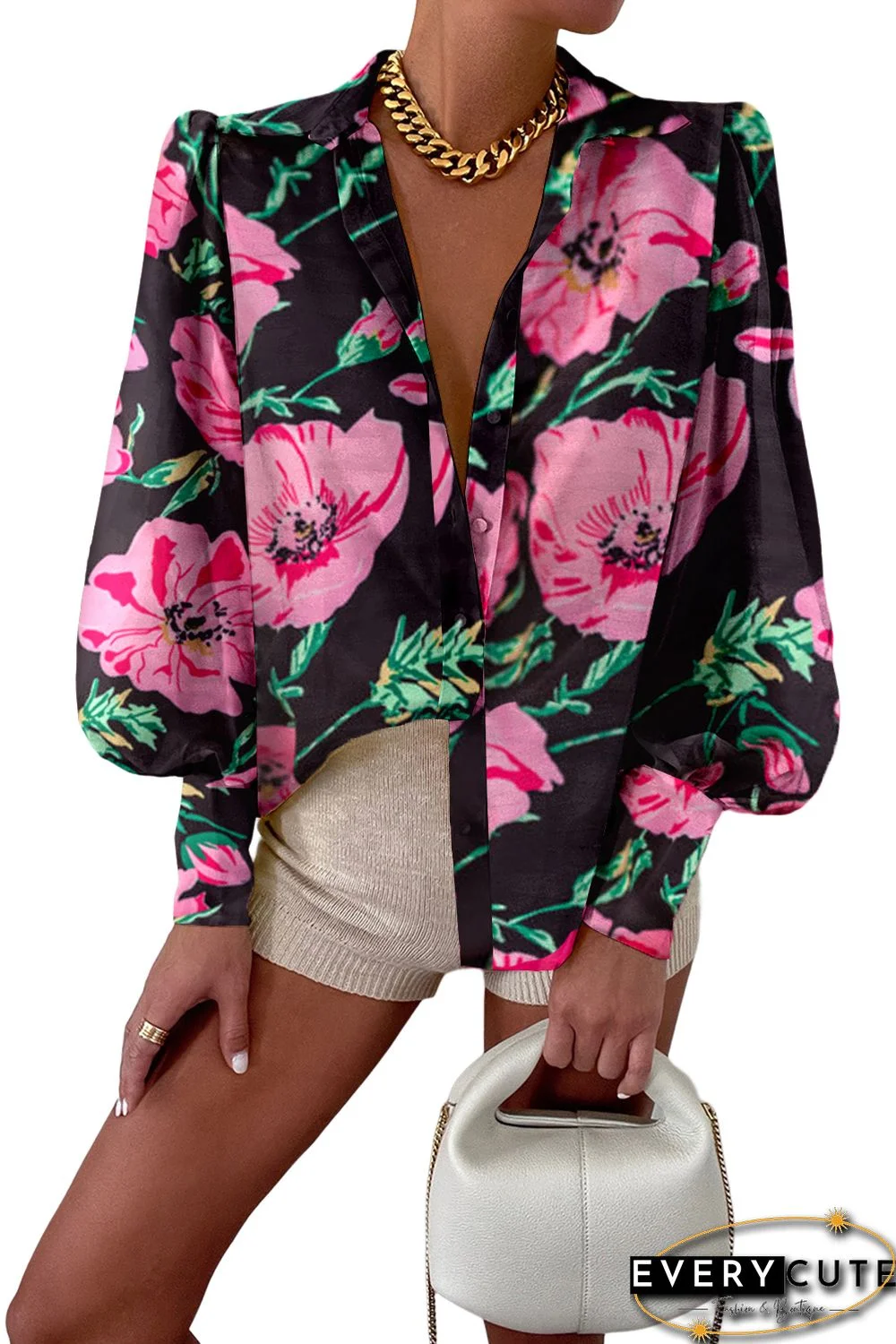Floral Print Lantern Sleeve Shirt