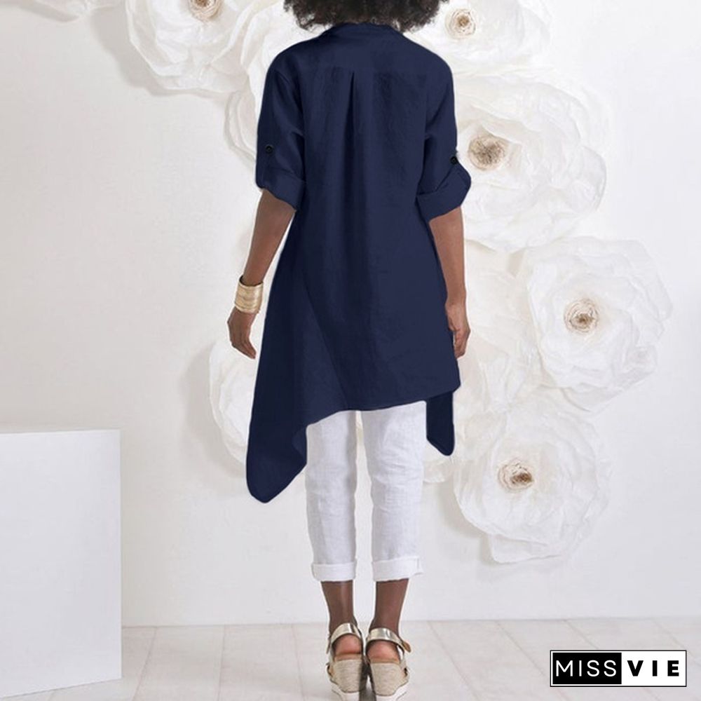Womens Autumn Casual Long Shirt Irregular Hem Sleeve Turn Down Collar Loose Blouse Plus