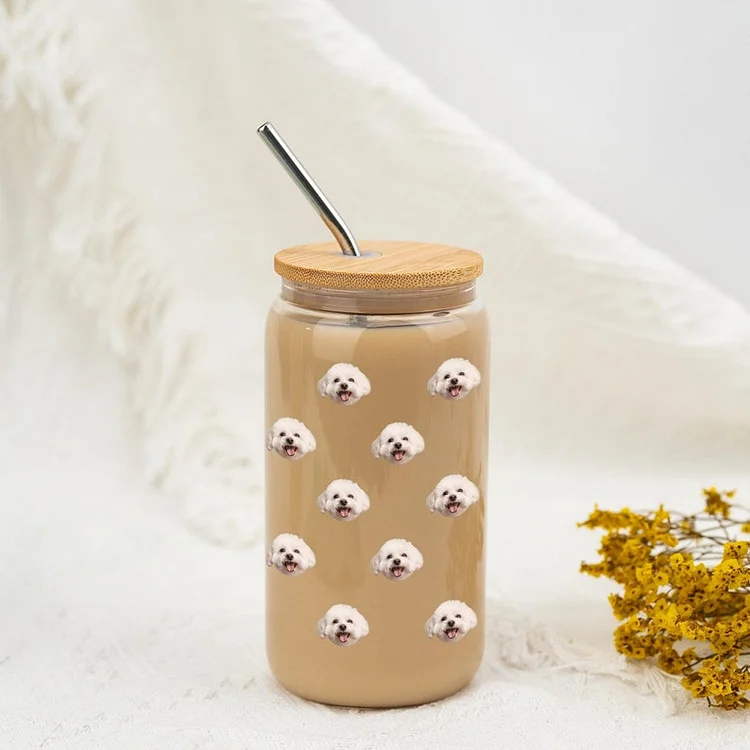 Custom Pet Photo Glass Tumbler with Bamboo Lid & Straw, Custom Pet Photo Iced Coffee Cup
