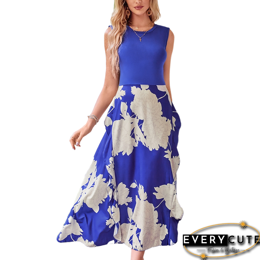 Blue Sleeveless Print Dress with Split