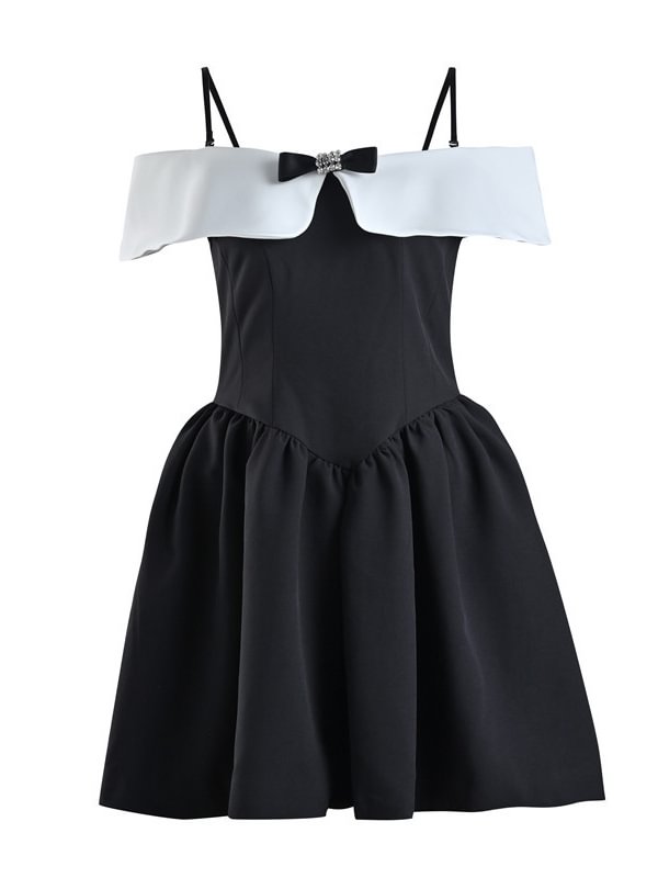 Sweet Bowknot Off Shoulder Spaghetti Paneled A-line Mini Dress