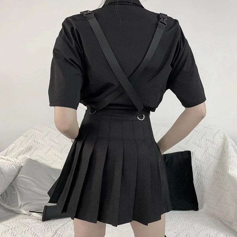 InsGoth Solid Black Pleated Streetwear Gothic High Waist Mini Women Skirts Harajuku Grunge Strap Skirt