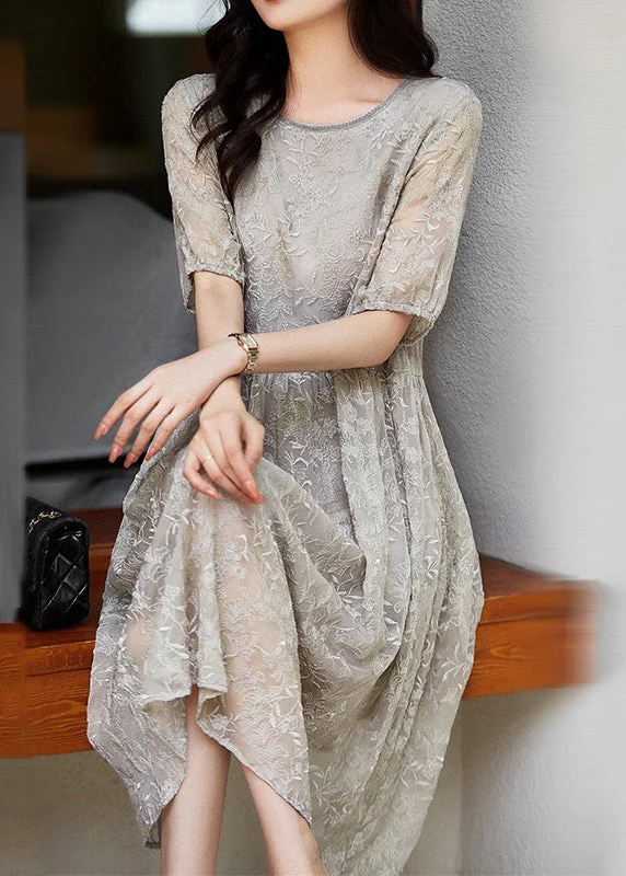 Women Grey Embroideried Wrinkled Patchwork Lace Dresses Summer