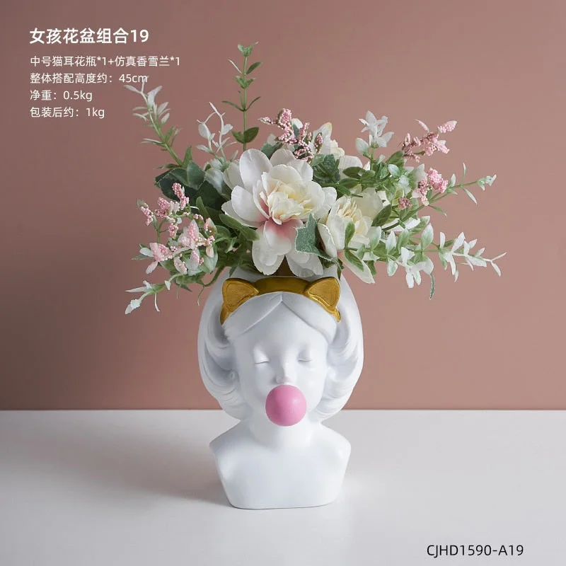 Nordic style girl flower pot plant resin flower pot rabbit ear/cat ear girl potted modern living room decoration decoration gift
