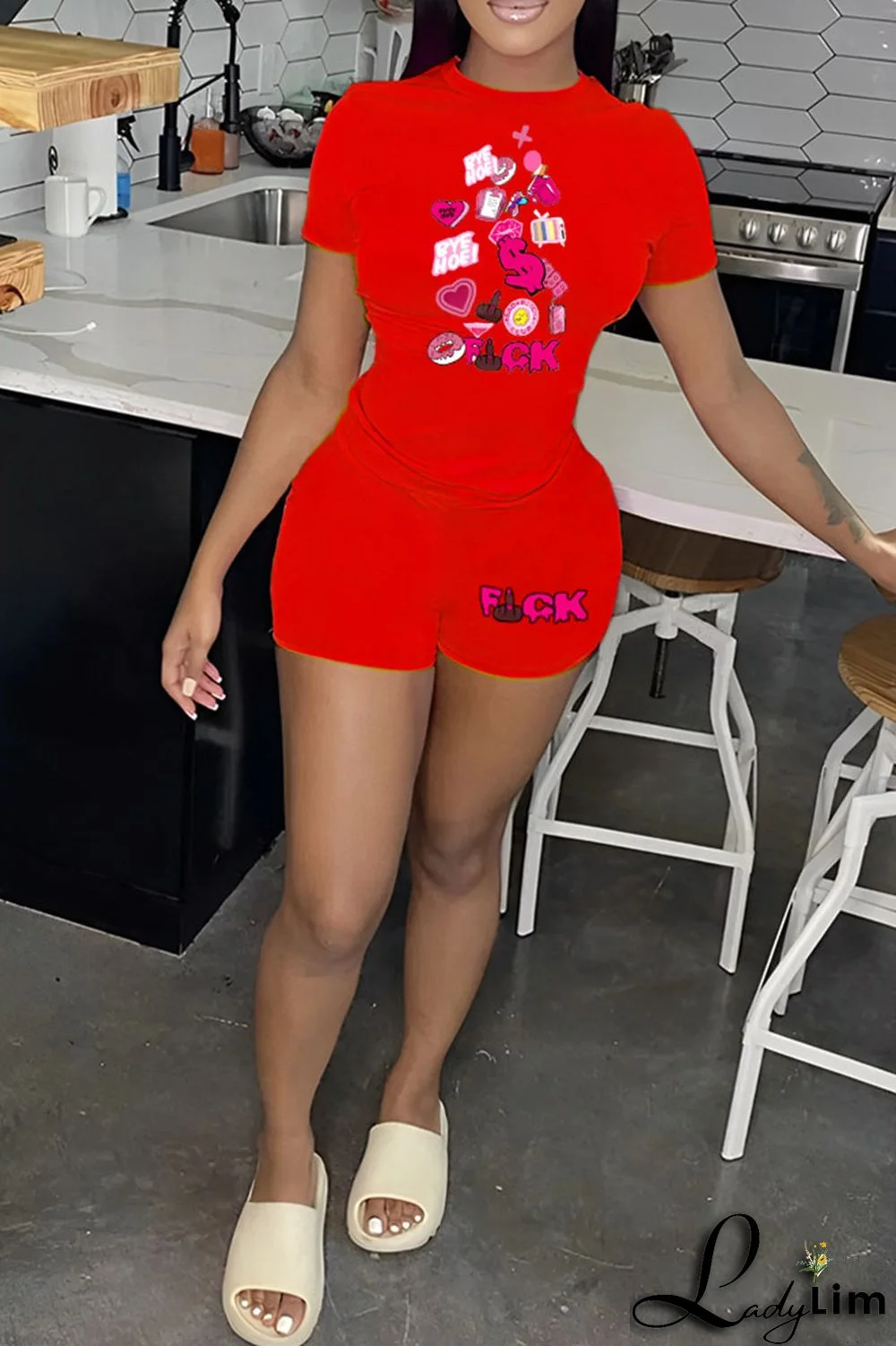 Orange Casual Print Patchwork O Neck Short Sleeve Two Pieces