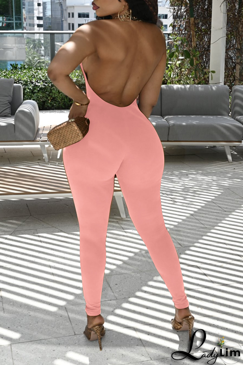 Pink Sexy Solid Backless Halter Skinny Jumpsuits