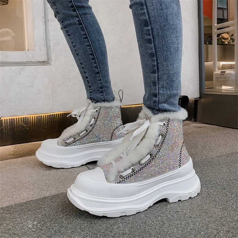 Meotina Genuine Leather Ankle Boots Woman Real Wool Fur Snow Boots Flat Platform Shoes Lace Up Short Boots Female Winter Size 40