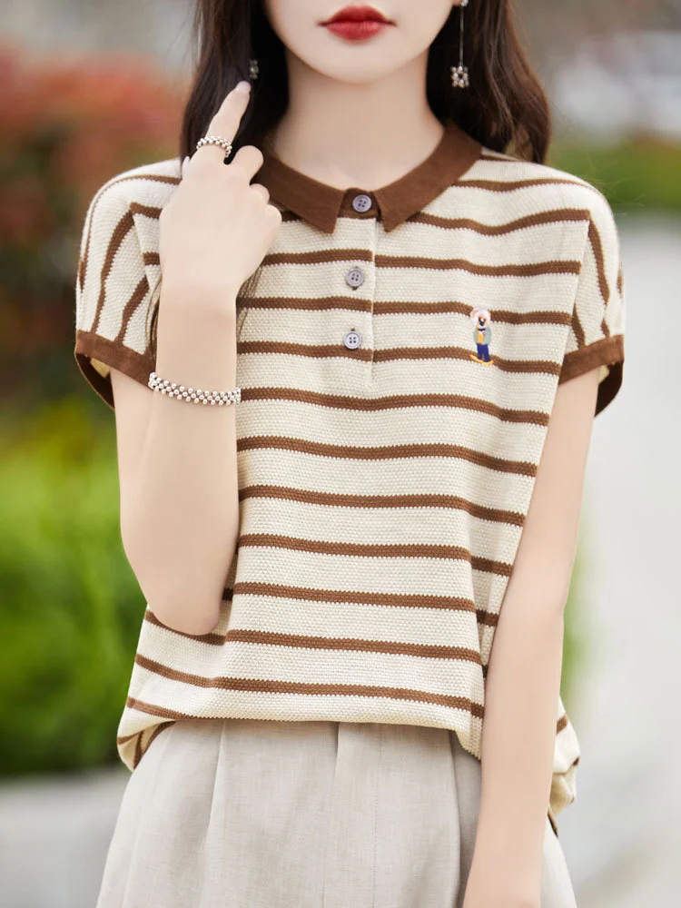 Athvotar Athvotar Polo Collar Short-Sleeved T-Shirt Women's 2025 New Fine-Spinning Wool Embroidered Age-Down Knitted Vest Top