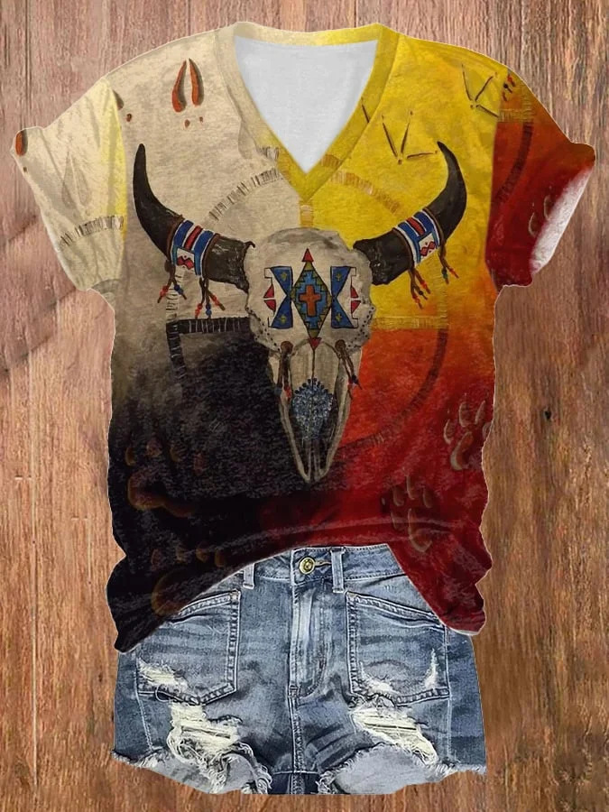 Women's Casual Western Cow Print Short Sleeve T-Shirt