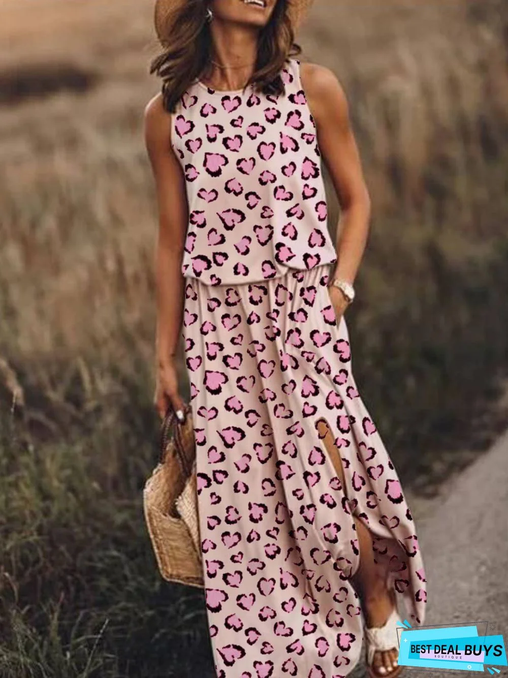 Pink Holiday Leopard-Print Cotton-Blend Round Neck Knitting Dress