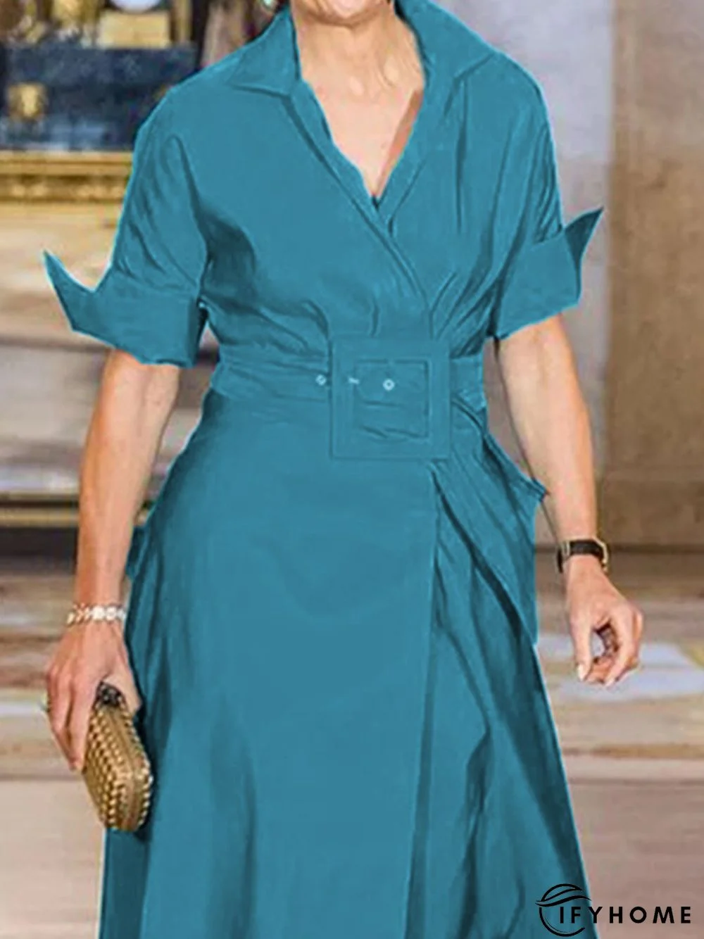 Cotton Elegant Shirt Collar Solid Dress With Belt | IFYHOME