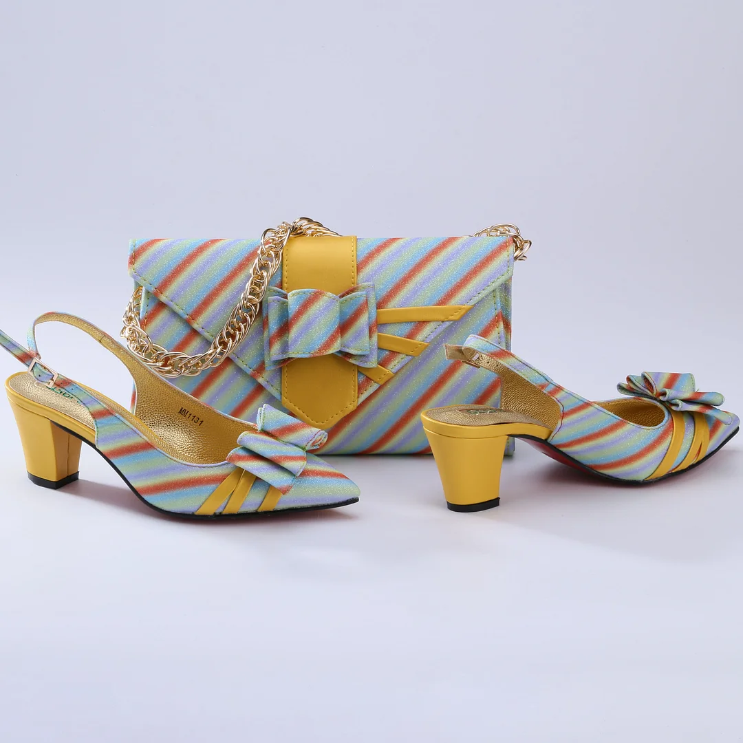 QSGFC New Coming Italian Design African Colorful Stripes Pattern Style Women Shoes and Bag Set in Orange Color for Party Wedding