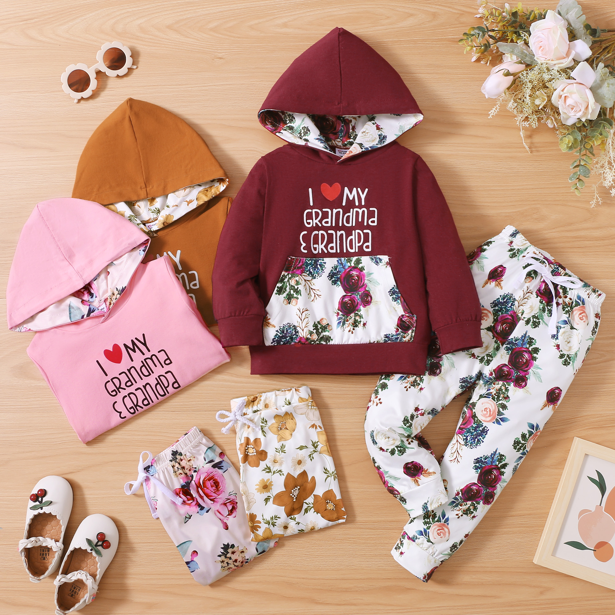 2-piece Toddler Girl Letter Floral Print Hoodie and Pants Set