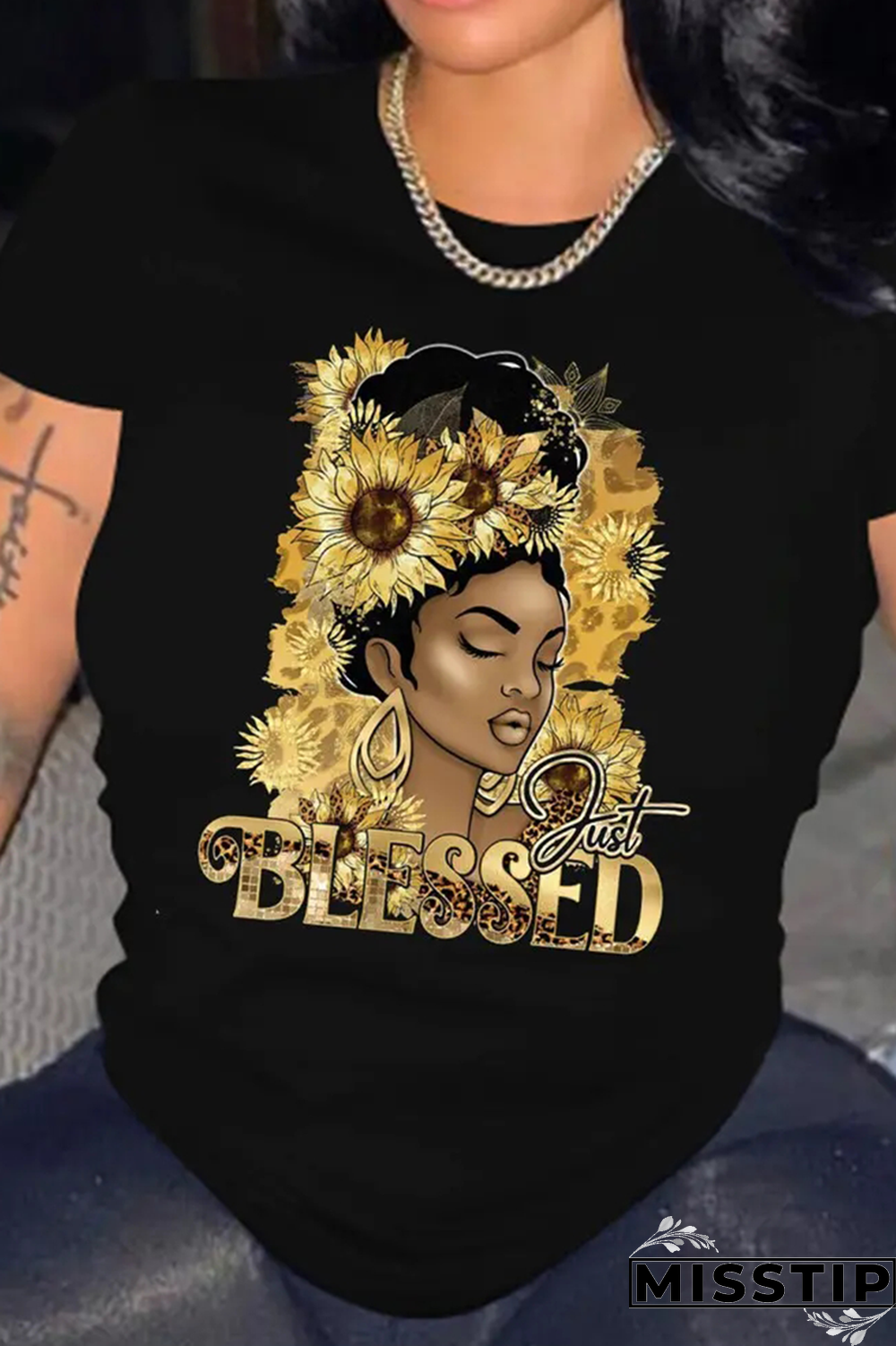 Black Fashion Vintage Floral Patchwork Letter O Neck T-Shirts