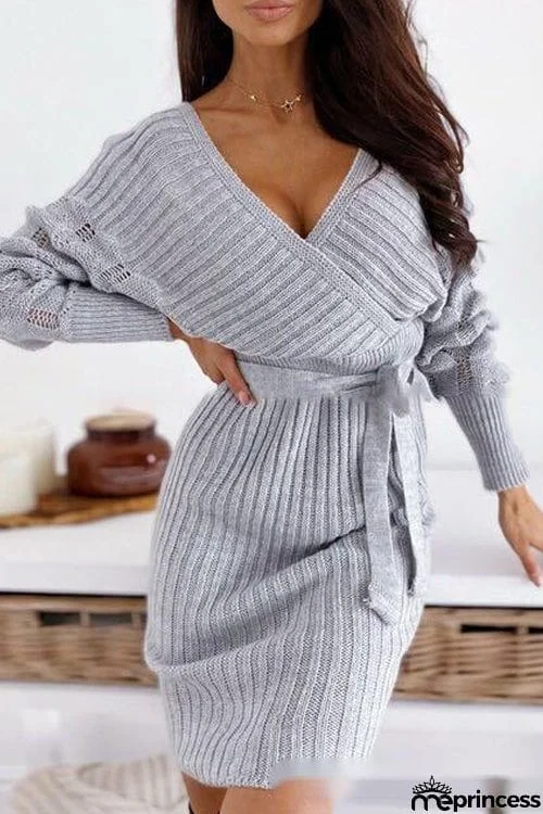 V-Neck Bat Sleeve Sweater Dress