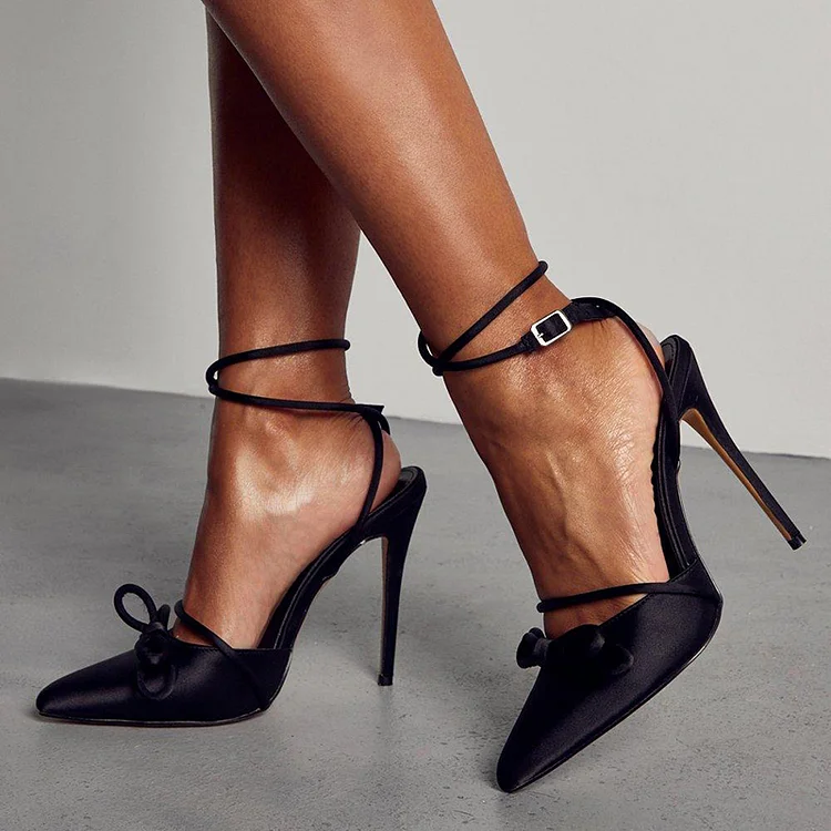 Classic Black Satin Ankle Strap Heels Pointed Toe Bow Detail Pumps |FSJ Shoes