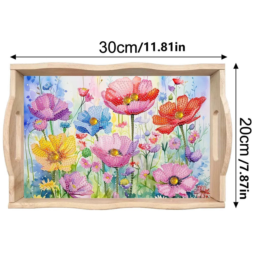 5D DIY Flower Diamond Painting Wooden Serving Tray with Handle for Desk
