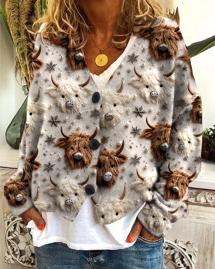 Women's Embroidered Highland Cow Print Casual Loose Buttoned Flannel Cardigan