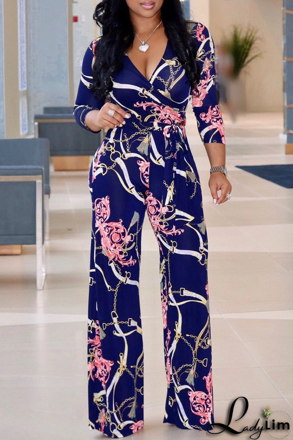 Tibetan Blue Fashion Casual Print Patchwork V Neck Regular Jumpsuits