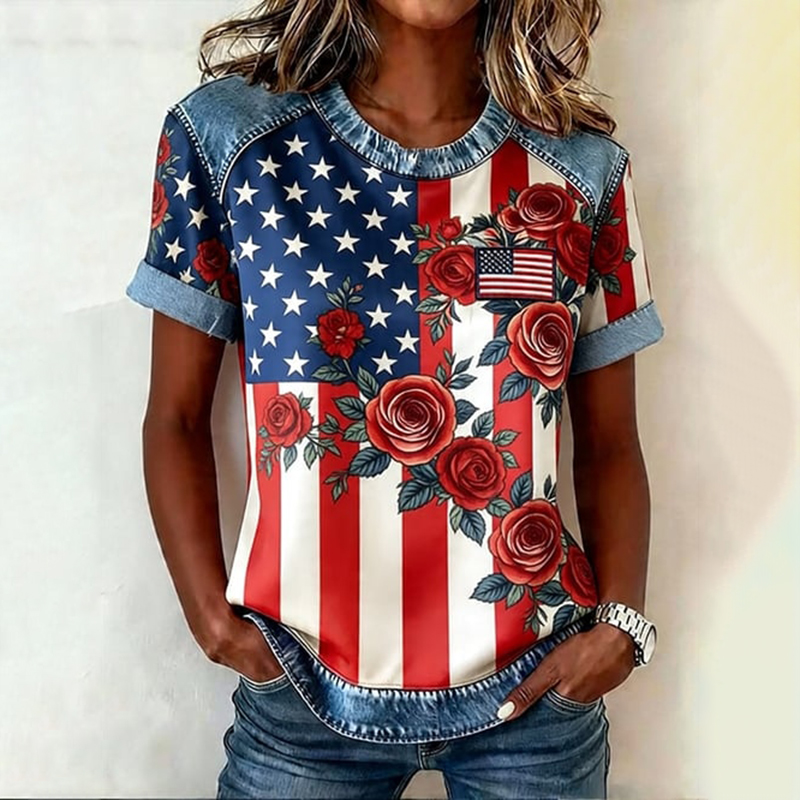  Women's Vintage Flag Floral Art Pattern Crew Neck Casual T Shirt Westsshops