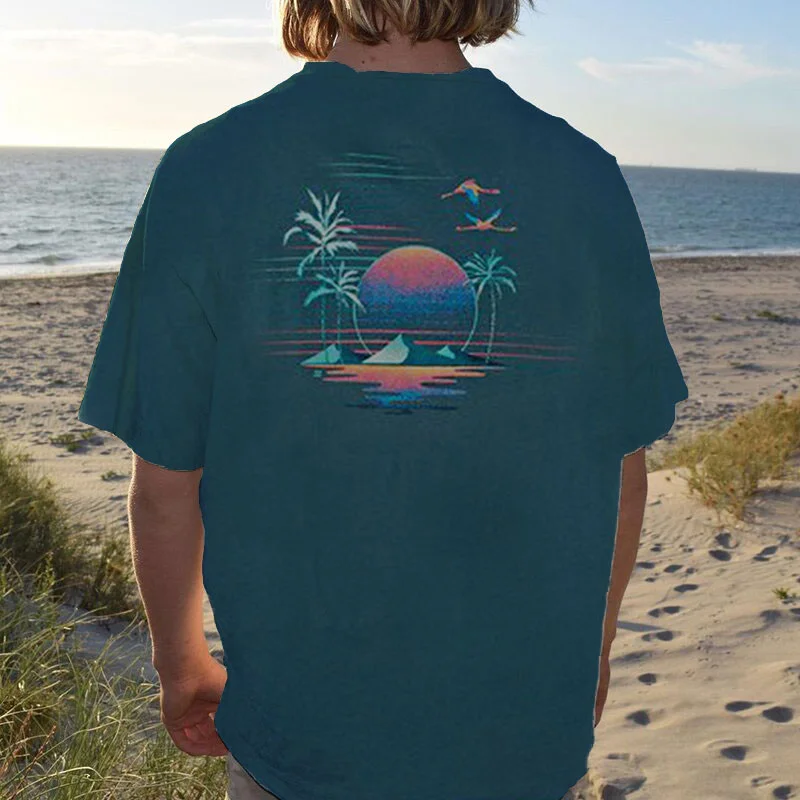 Men Vintage Beach Coconut Tree Landscape Print T-shirt