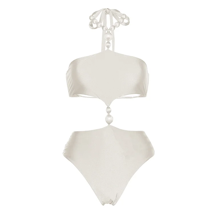 White Pearl Hollow One Piece Swimsuit And Skirt 